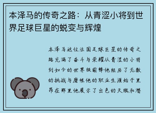 本泽马的传奇之路：从青涩小将到世界足球巨星的蜕变与辉煌